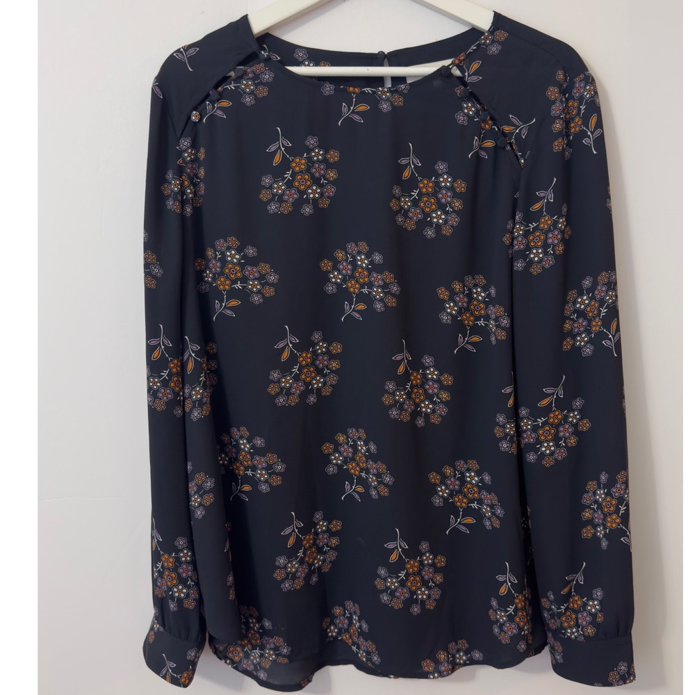 LOFT Floral Blouse Womens Large Navy Blue Shoulder Button Cottagecore Office